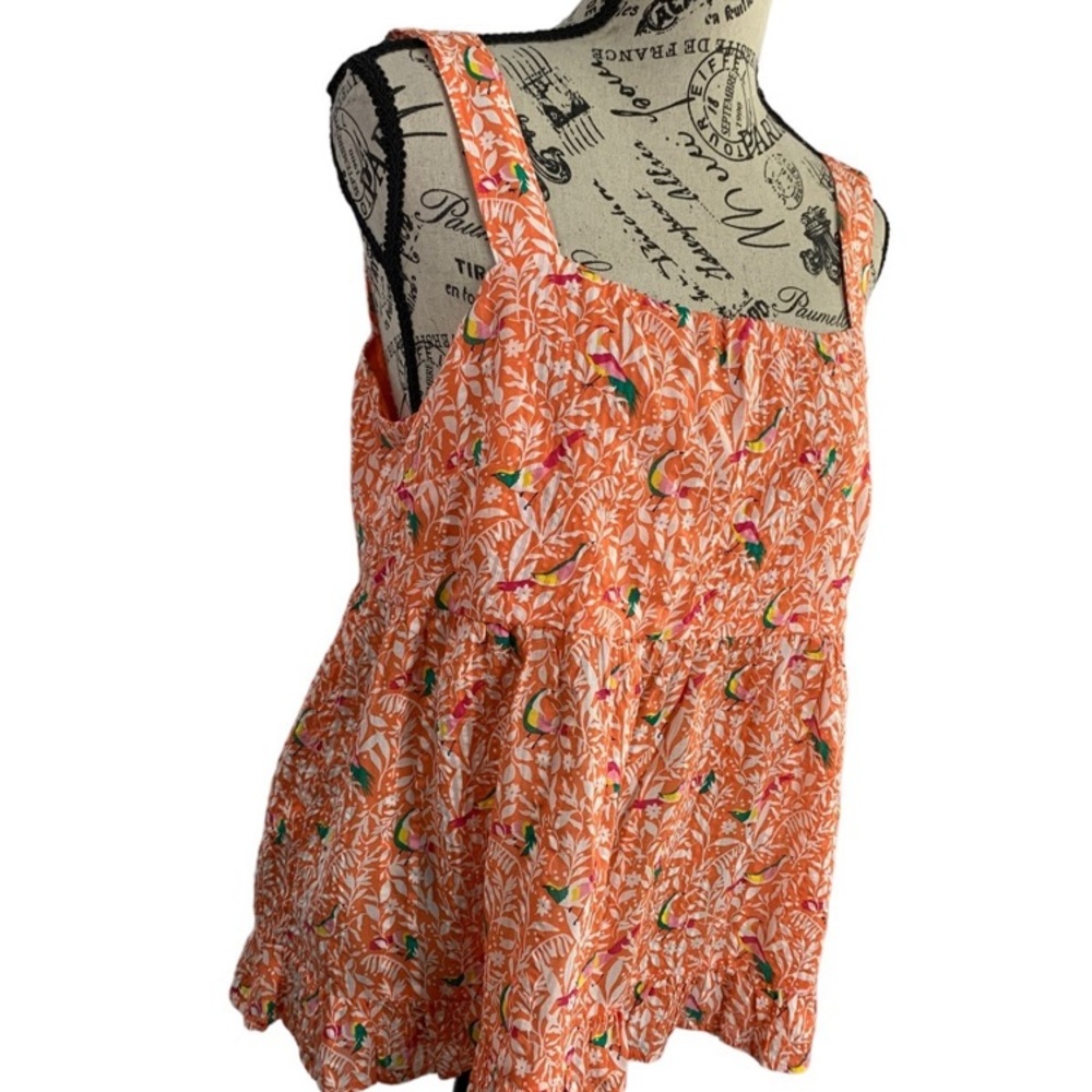 Loft Tropical Blouse summer top bird print side zip white orange women’s size 10